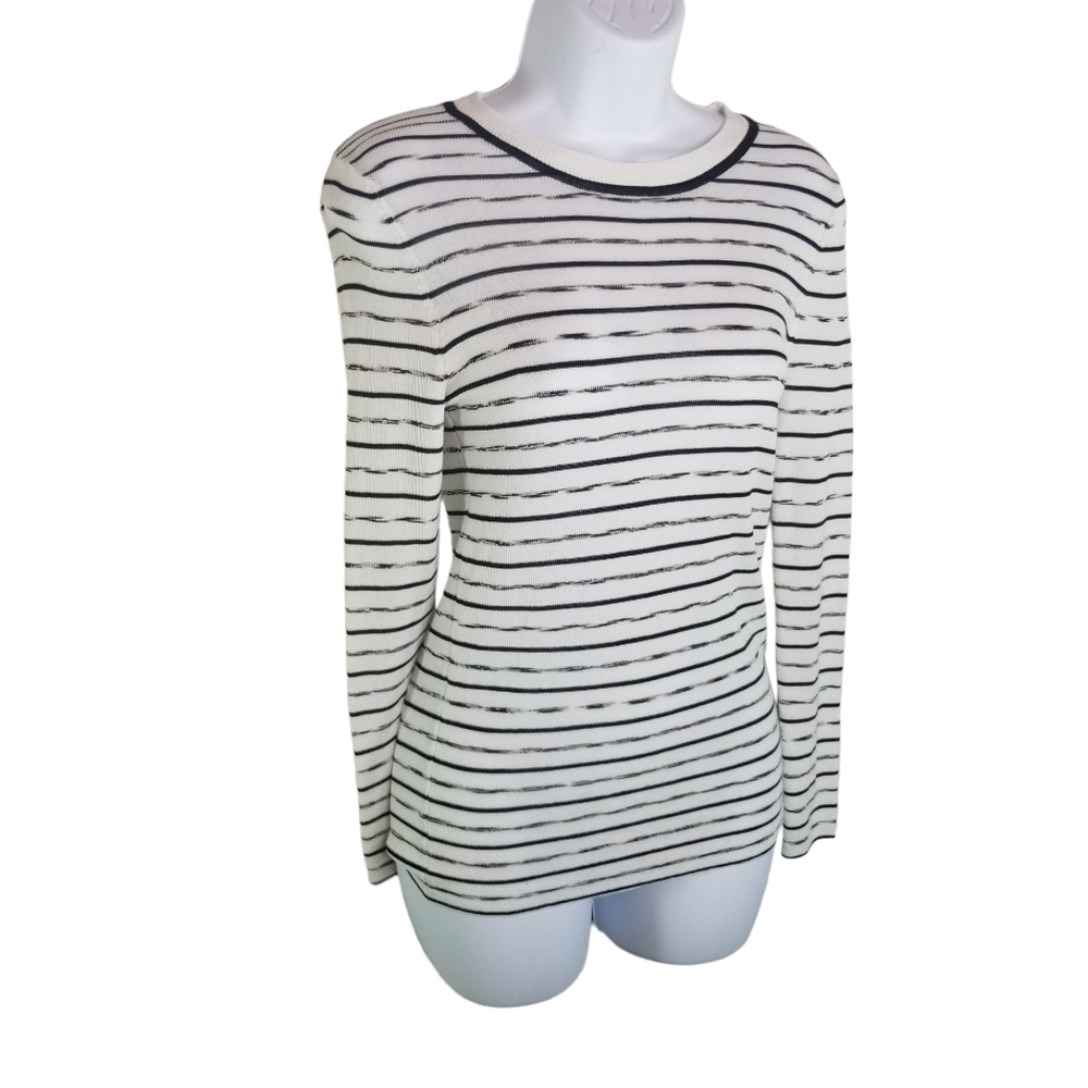 White + Warren white black striped long sleeve sweater